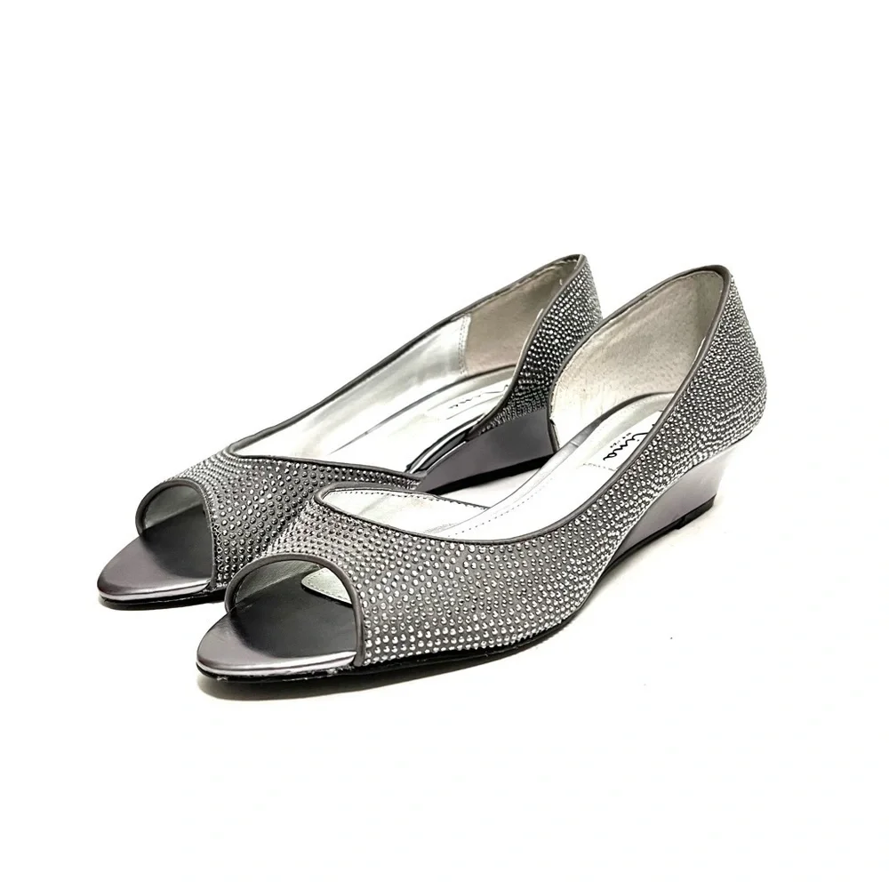 Vintage Y2K gray satin rhinestone d’Orsay wedge heels